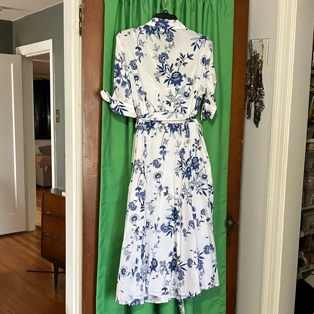 Calvin Klein White Midi Shirt Dress with Blue Floral Print - Picture 6 of 8